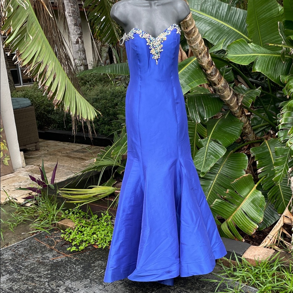 Strapless jeweled satin trumpet gown